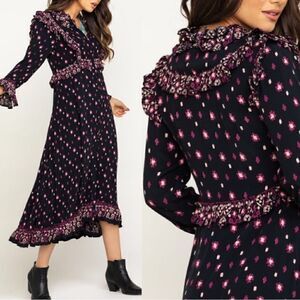 Free People Calico Skies Black Long Sleeve Flowy Button Up Midi Dress Sz M